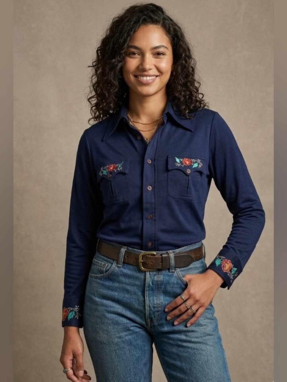 VTG 1970s Western PrairieCore Knit Embroidered Disco Shirt Navy Blue Cottagecore